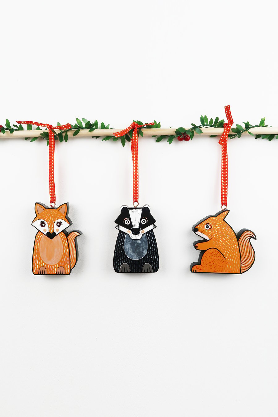 Fox, badger and red squirrel hanging ornaments, woodland theme home decor.