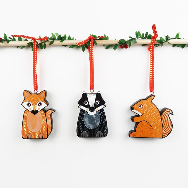 Fox, badger and red squirrel hanging ornaments, woodland theme home decor.