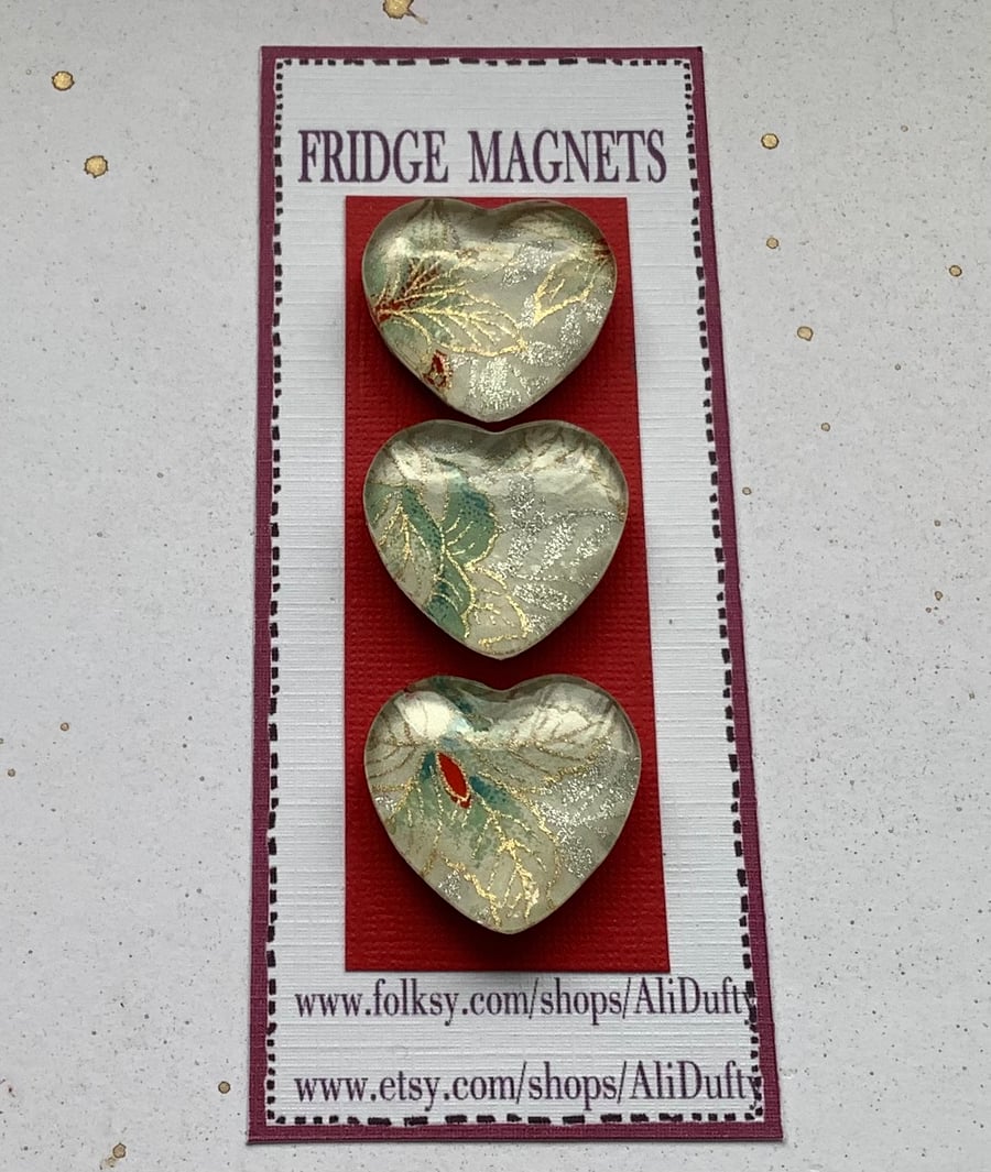 REFRIDGERATOR  MAGNETS ( set of 3 )  Hearts .Leaves . Green .  Yuzen . 