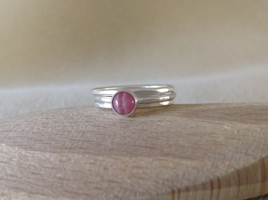 Pink Rhodochrosite and Fine silver stacking ring set