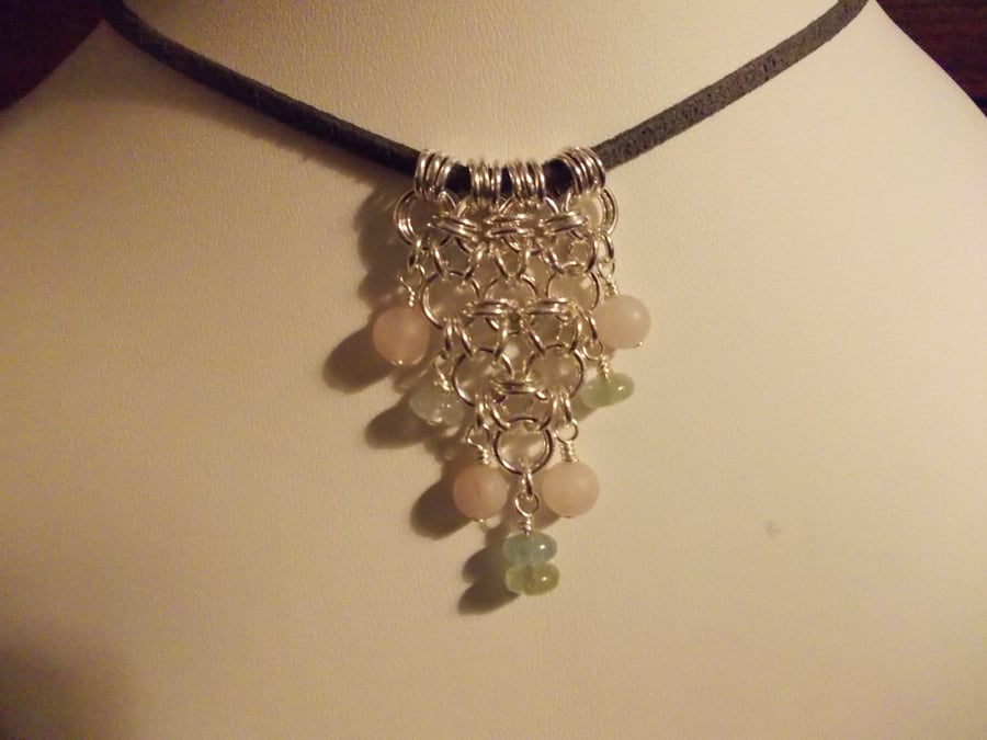 Frosted rose quartz and aquamarine chainmaille pendant
