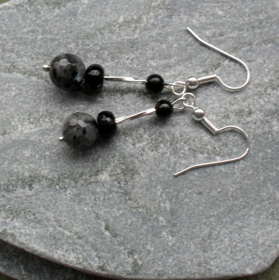 Larvikite and black Agate Dangle Earrings