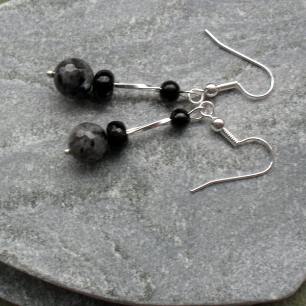Larvikite and black Agate Dangle Earrings