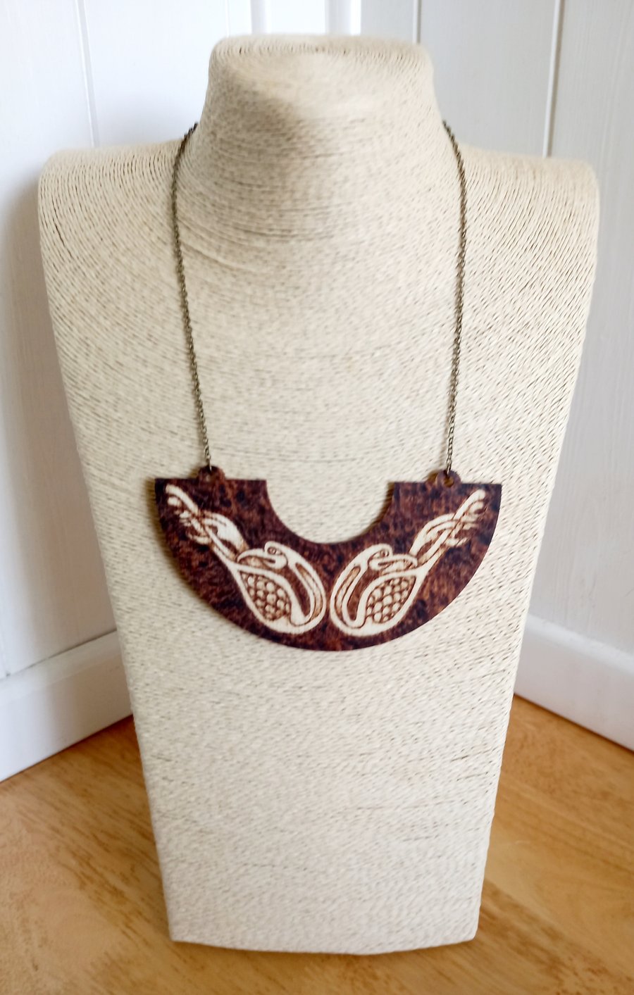Pyrography Celtic bird design wooden pendant