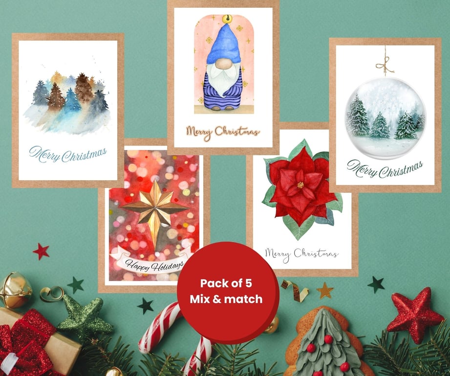 Pack of 5 Christmas cards, mix and match A6 unique original watercolour print