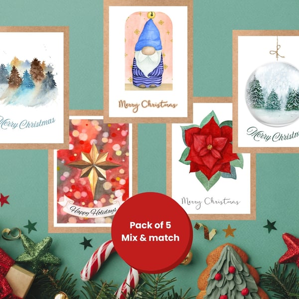 Pack of 5 Christmas cards, mix and match A6 unique original watercolour print