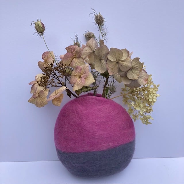 "Calm" magenta & grey wool felted vase.