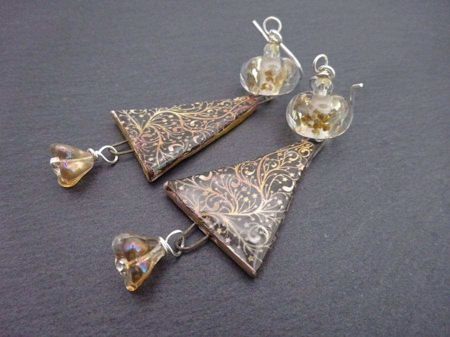 gold glitter lampwork glass earrings, ceramic tree