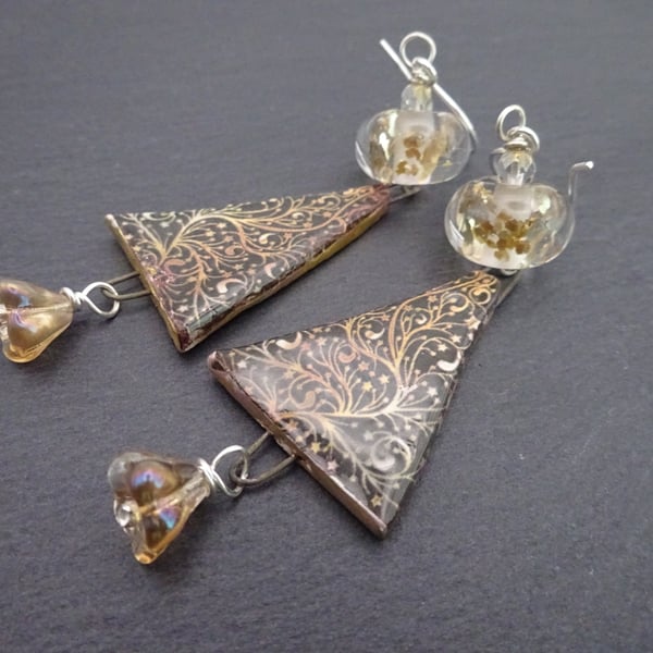 gold glitter lampwork glass earrings, ceramic tree