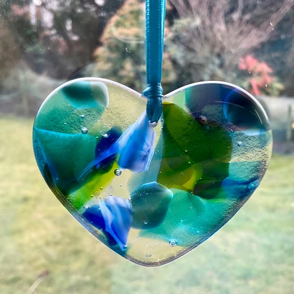 Glass fused hearts window hanging