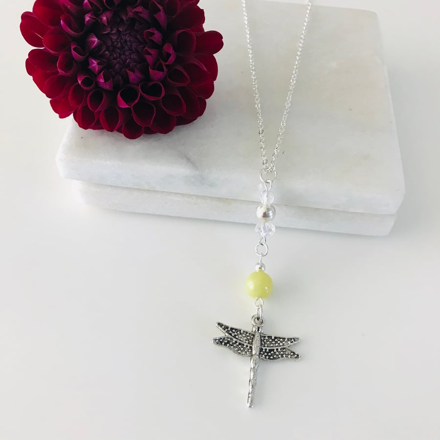 Beautiful dragonfly  and Lemon jasper gemstone necklace 