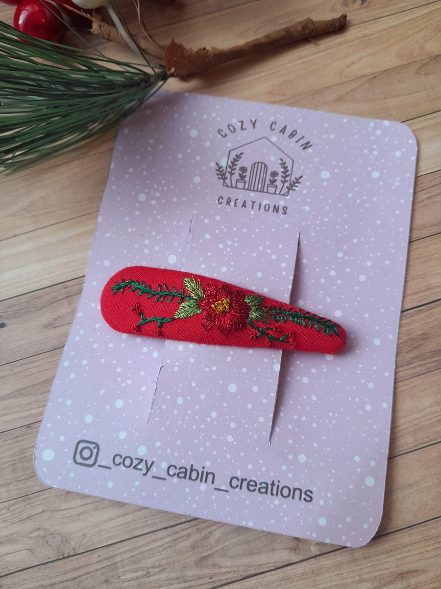 Hand Embroidered Poinsettia Flower Hair slide