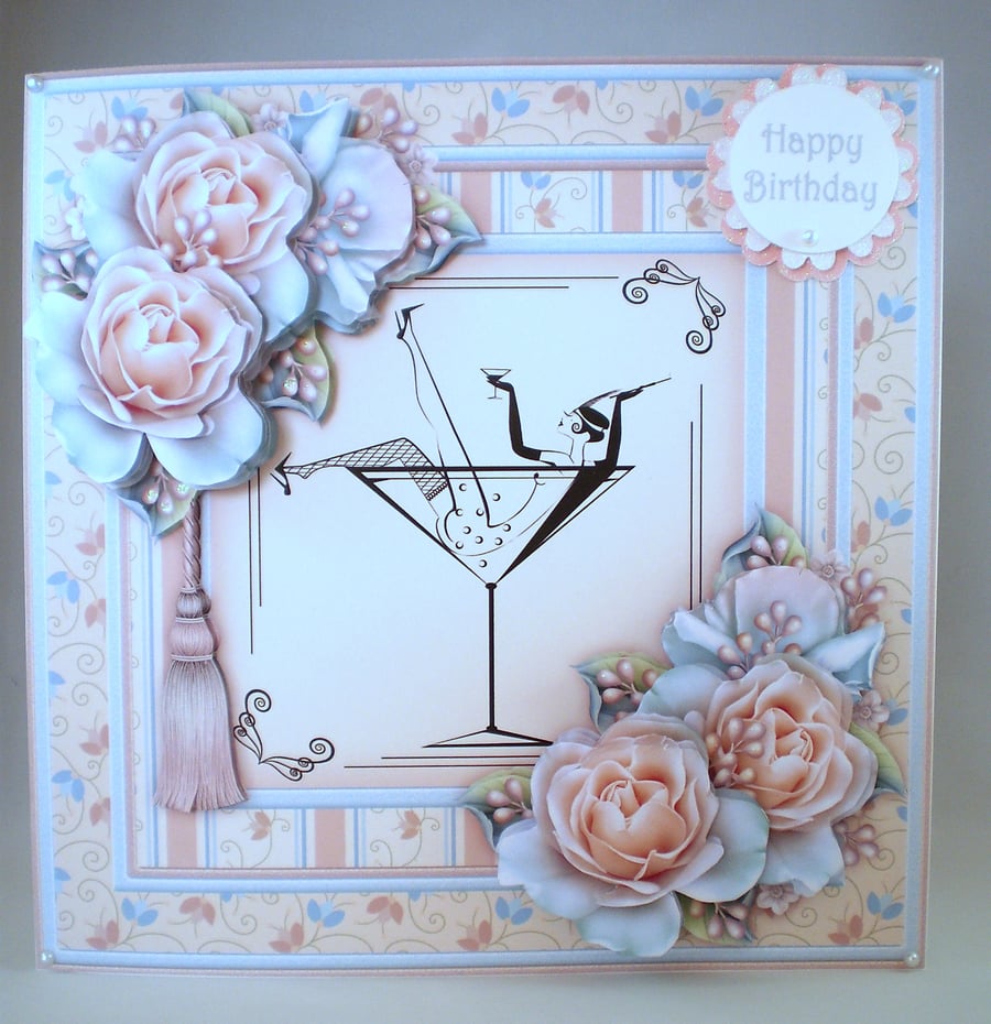 Decoupage Handmade Large Birthday Card,Champagne and Roses,21st,18th,Daughter,