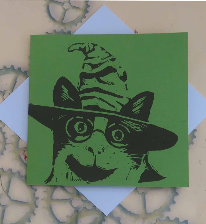 Harry Potter Cat Art Greeting Card From Original Lino Cut Print Green