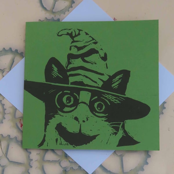 Harry Potter Cat Art Greeting Card From Original Lino Cut Print Green
