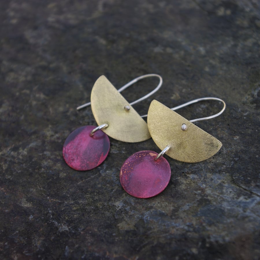 Brass Half Moon Dangle Earrings with Red Copper Circle 