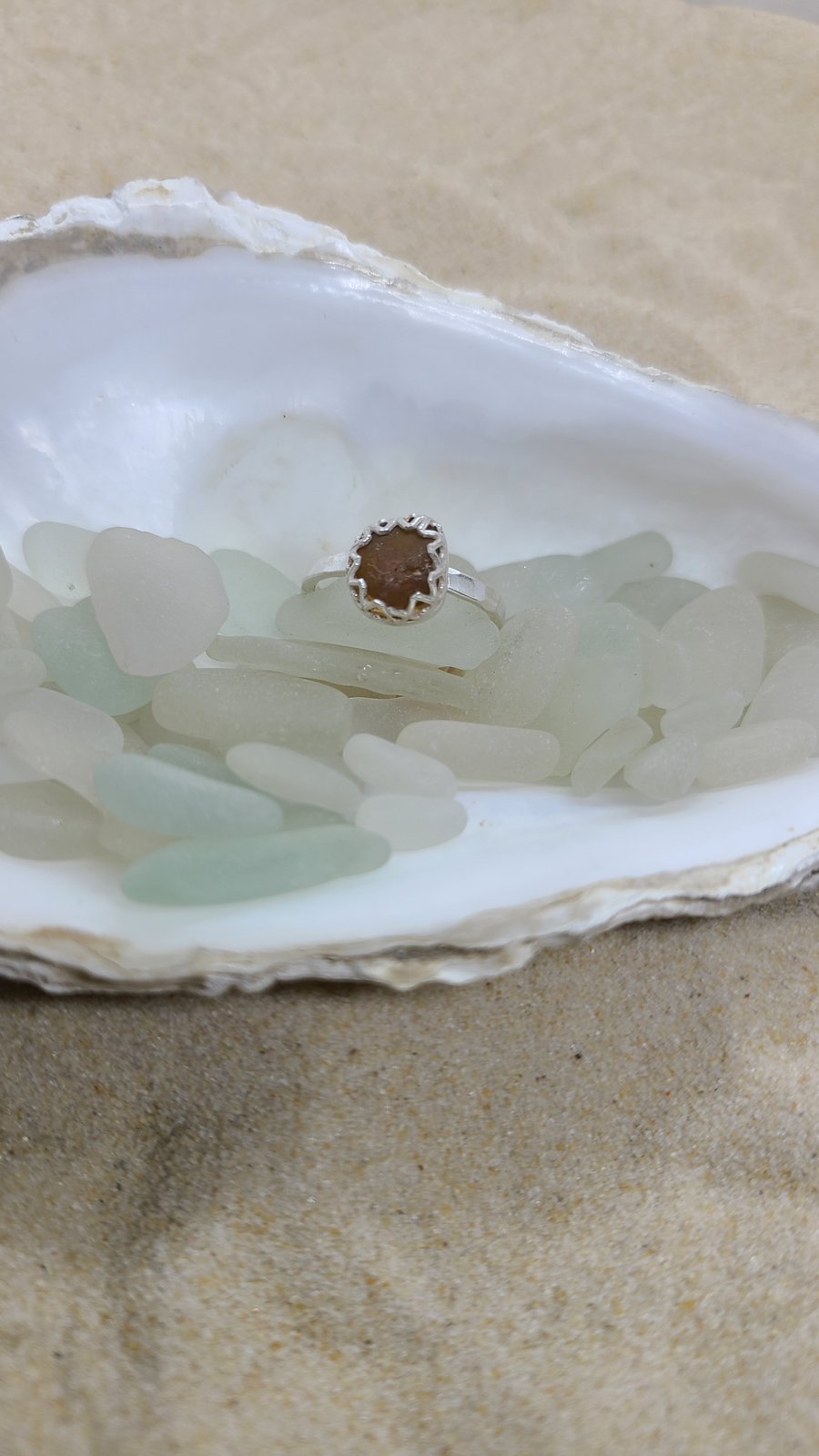 Amber sea glass and silver ring SG6