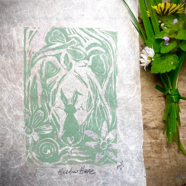 Meadow Hare Original Linocut print