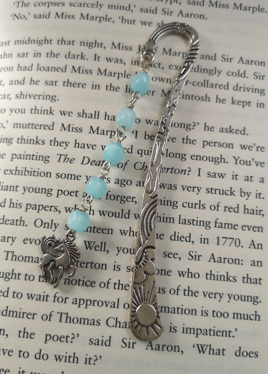 Unicorn bookmark with blue beads