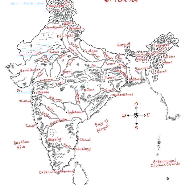 Map of India Hand Drawn Tolkien Style Map Artwork