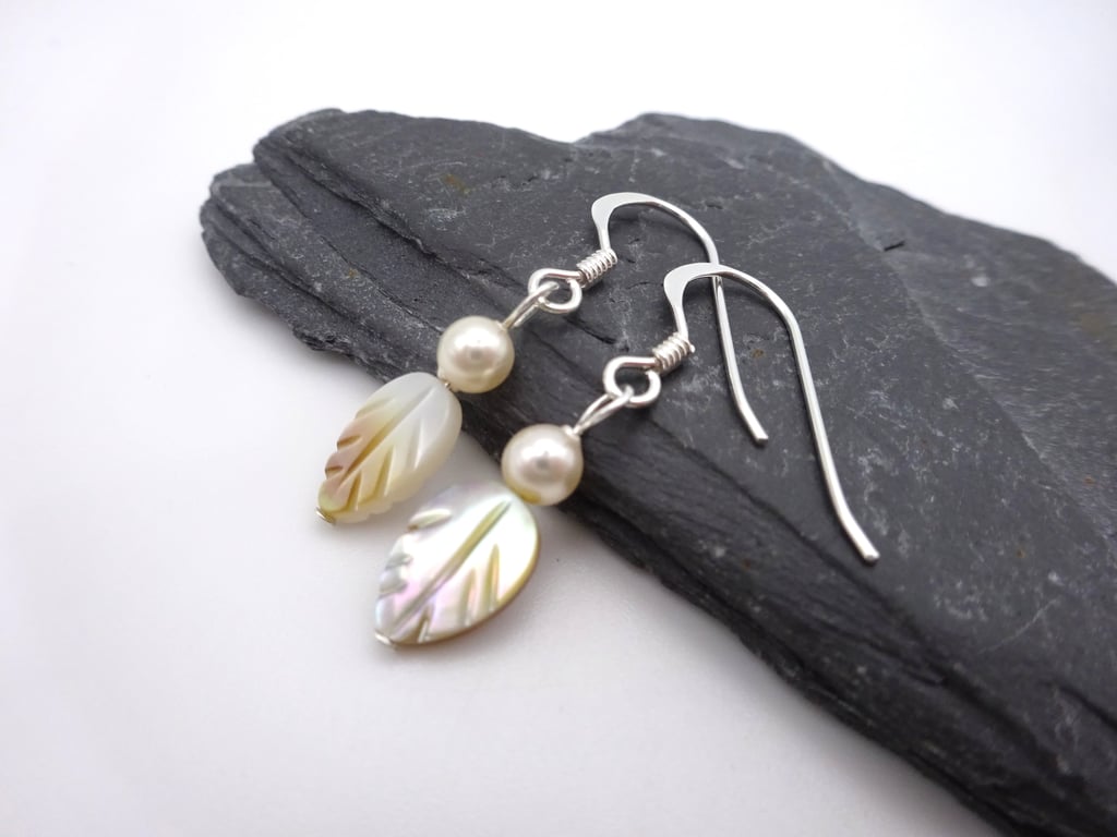 sterling silver earrings, pearl and shell feather jewellery