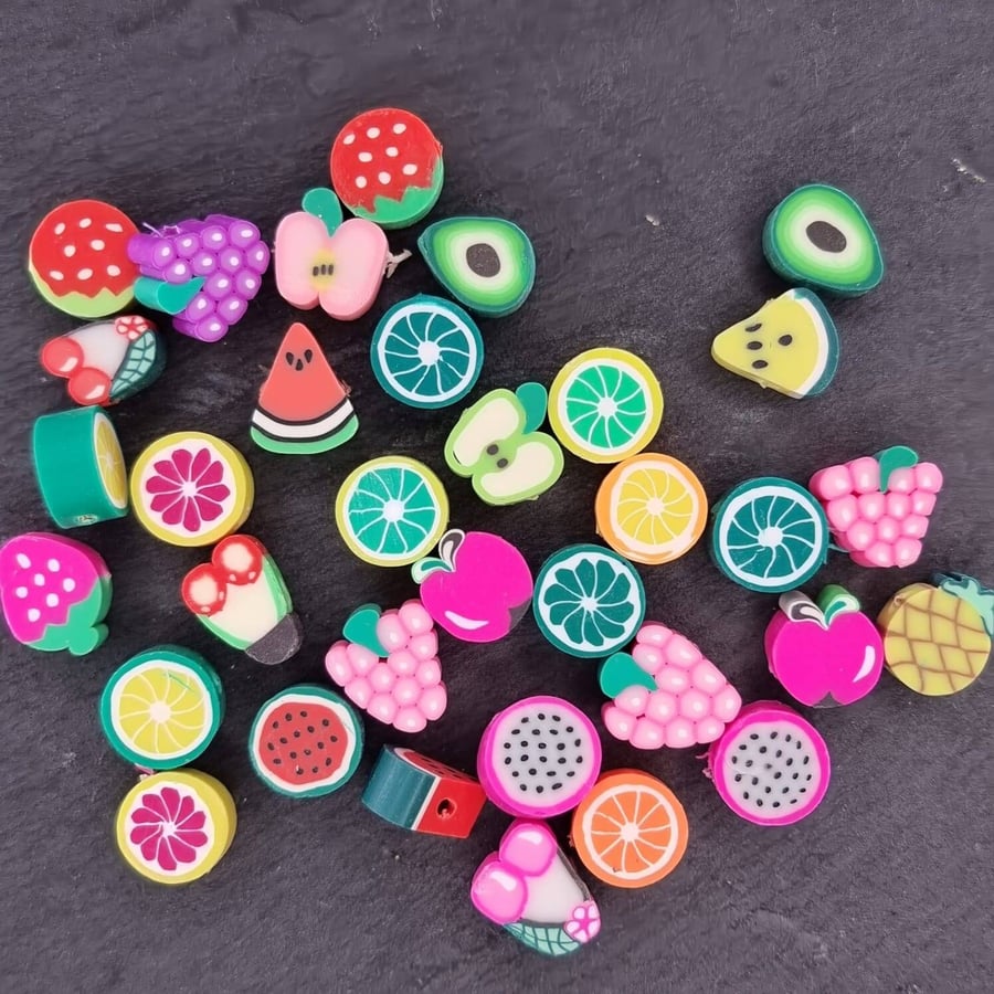 30 multi coloured fruit polymer clay beads 
