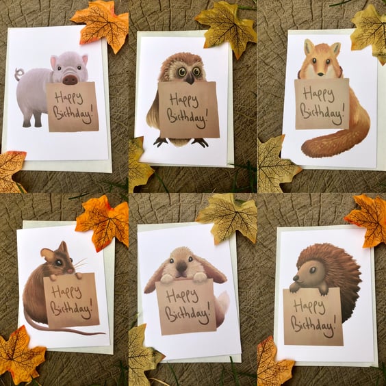 Set of 6 Animal Happy Birthday Greeting Cards 
