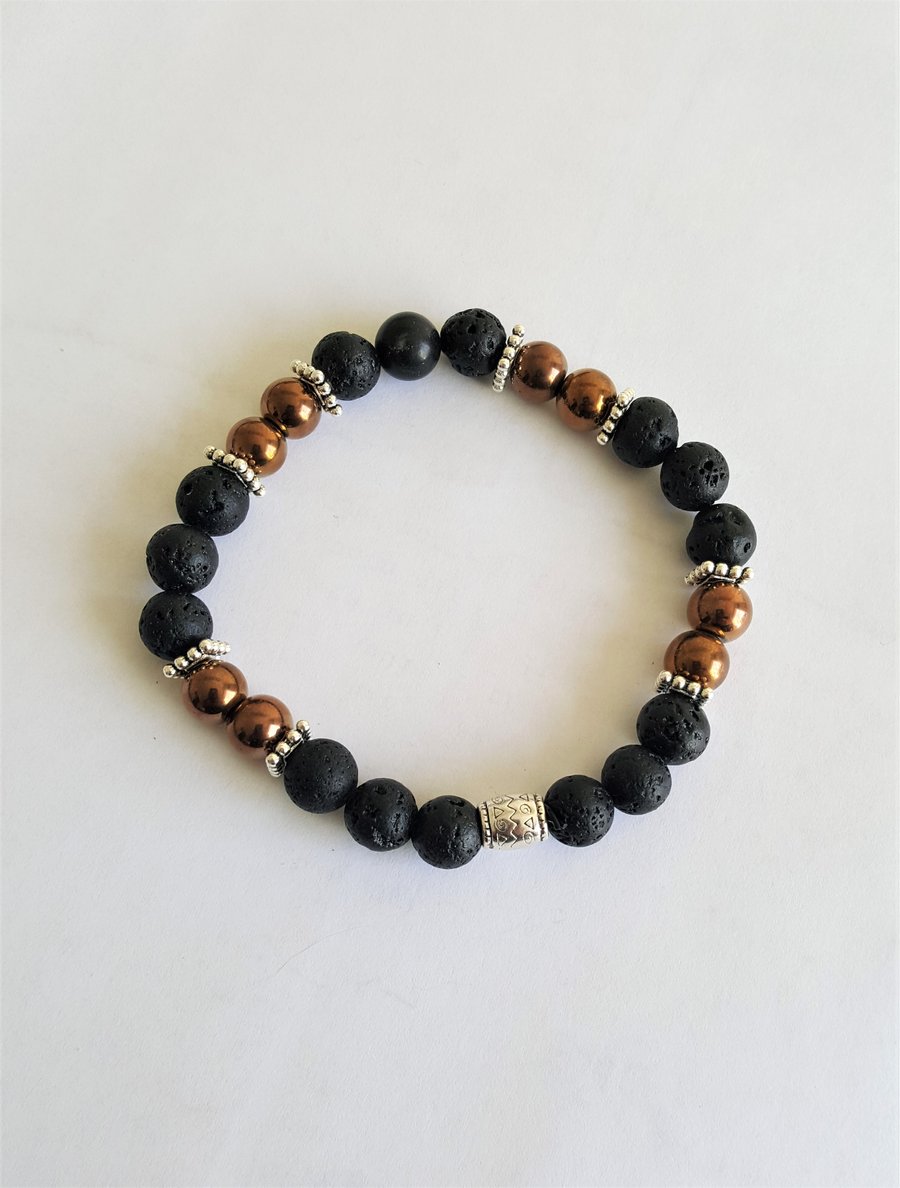 Mens Unisex Golden Hematite Lava Rock Bracelet