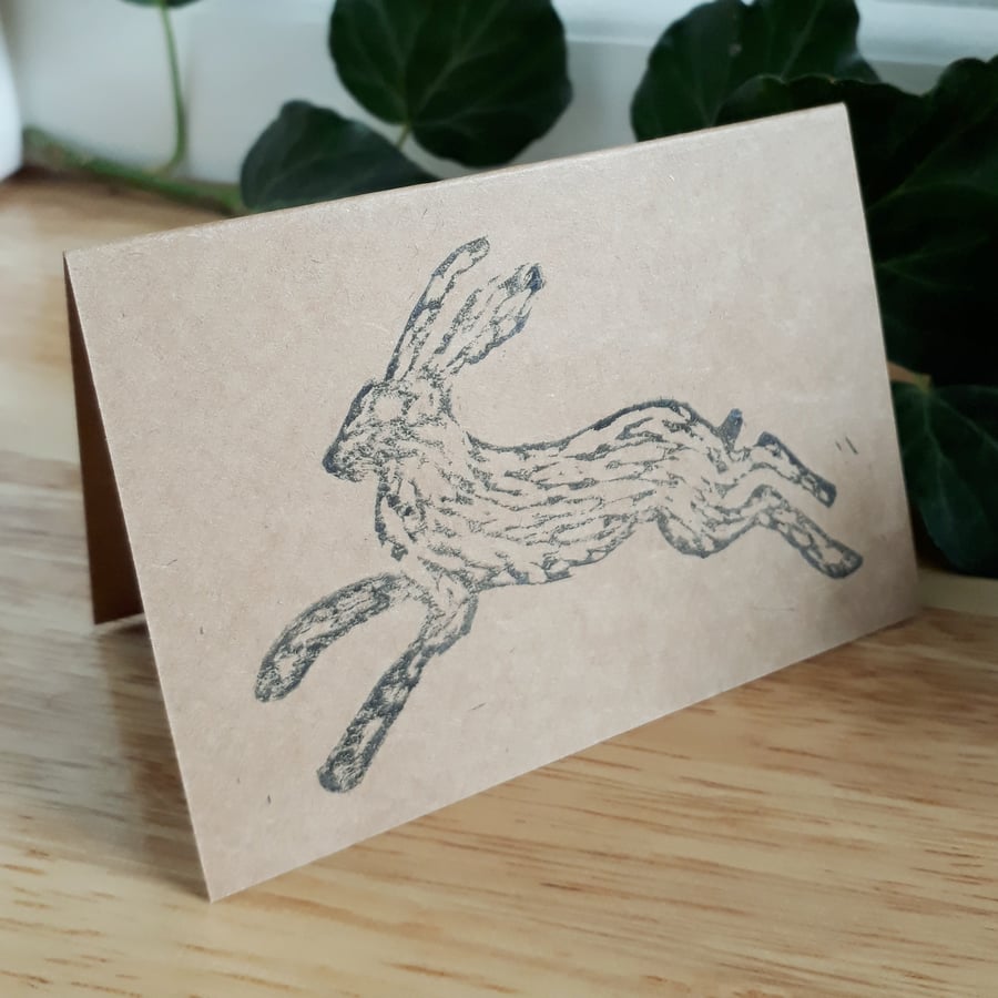 Lino printed hare cards (x5)