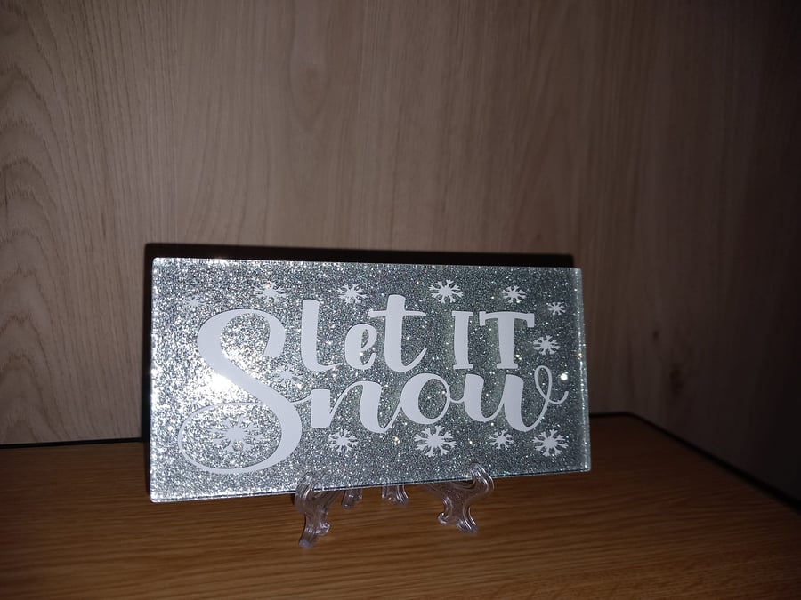 Let It Snow Snowflakes Decorative Glitter Subway Tile on a Stand Christmas Decor
