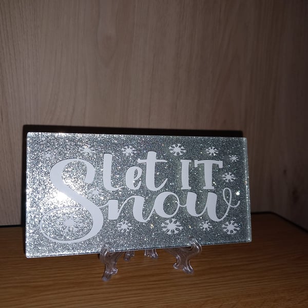 Let It Snow Snowflakes Decorative Glitter Subway Tile on a Stand Christmas Decor