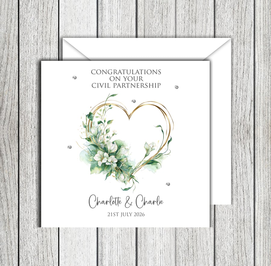 Civil Partnership Green floral Heart Weedding Card