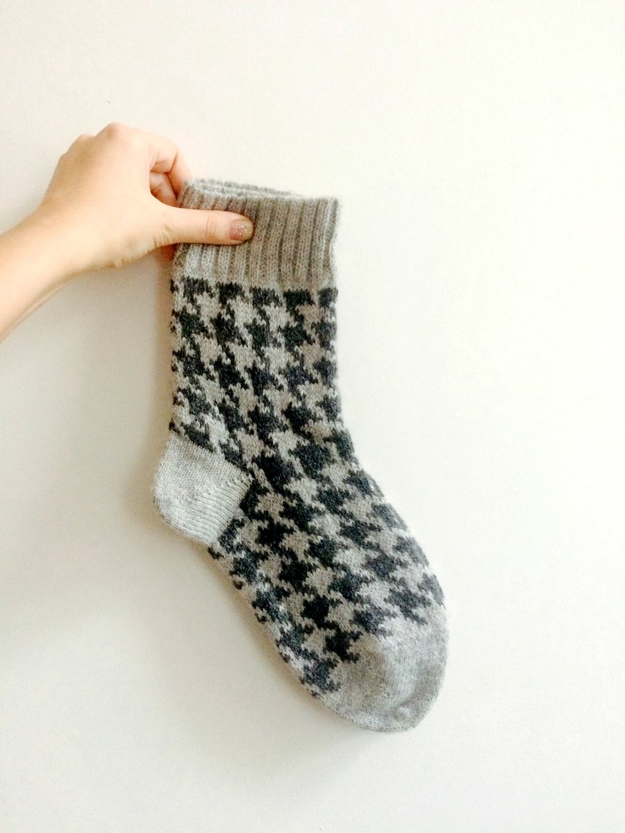 Ready to Ship Grey Wool Knitted Houndstooth Unisex Winter Socks