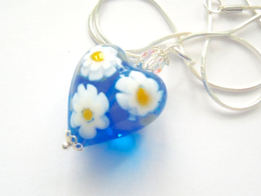 Murano glass blue daisy heart pendant with Swarovski and sterling silver.