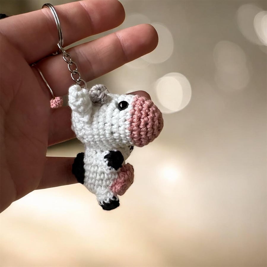 Handmade Crochet Cow Keychain Amigurumi Animal Bag Charm, Soft Plush Accessory