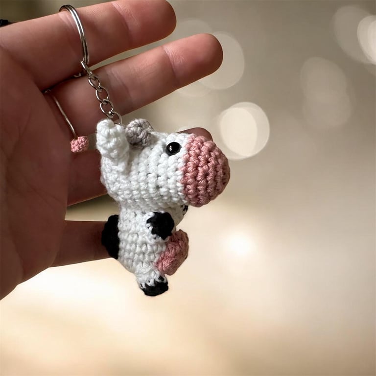 Handmade Crochet Cow Keychain Amigurumi Animal Bag Charm, Soft Plush Accessory