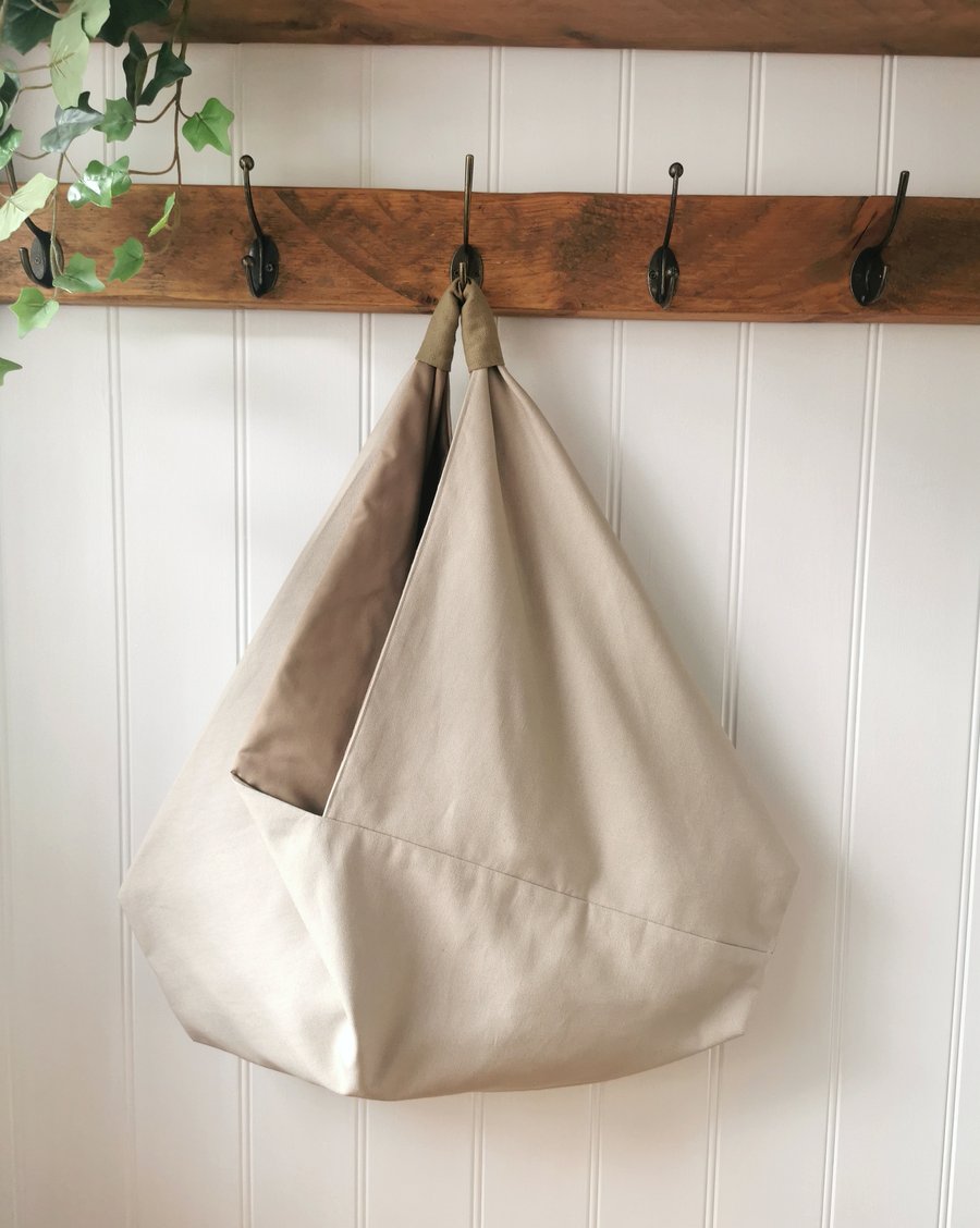 Natural Canvas Slouchy Origami Bag with Pale Sage Green Handle