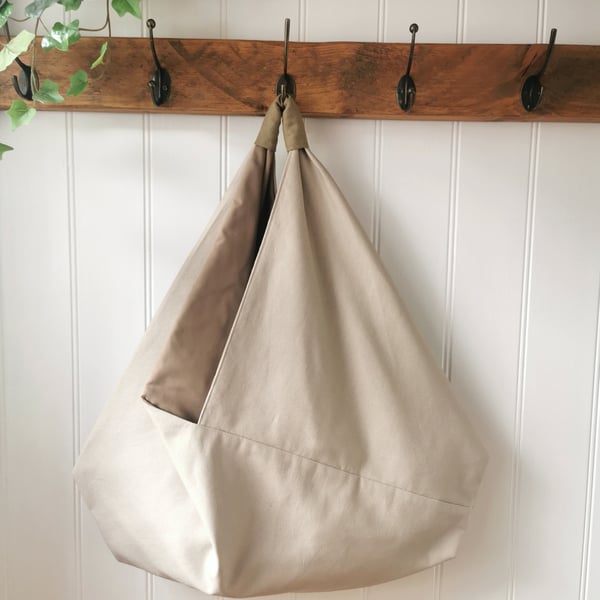 Natural Canvas Slouchy Origami Bag with Pale Sage Green Handle