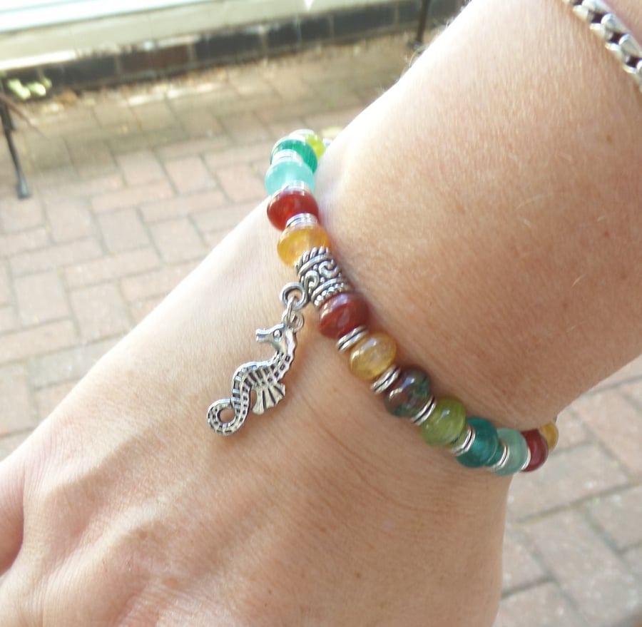Stretch Bracelet, seahorse charm, silver and glass bead elastic bracelet