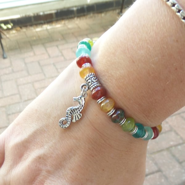Stretch Bracelet, seahorse charm, silver and glass bead elastic bracelet