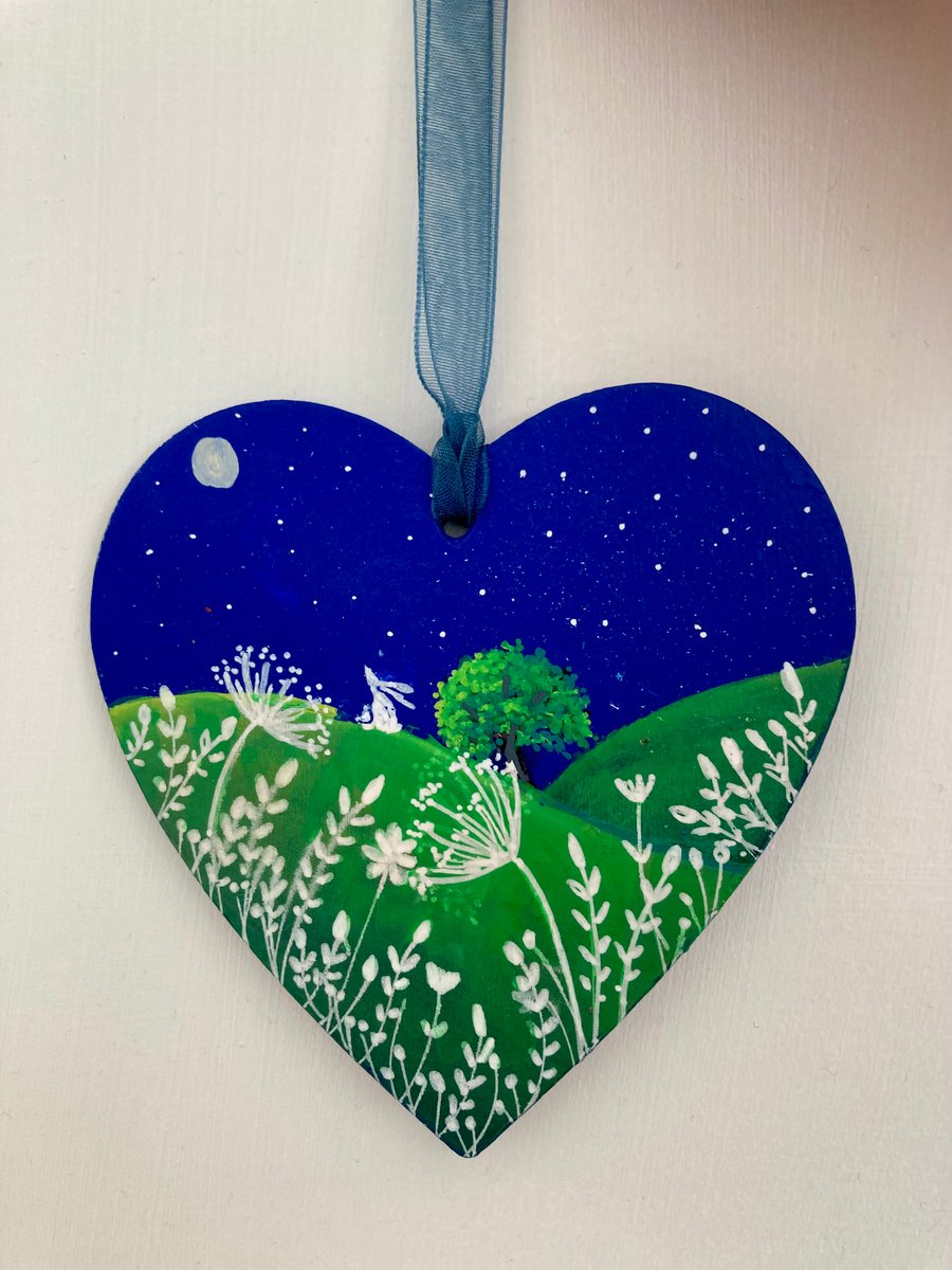 Hand Painted Hanging Heart White Moon Gazing Hare & Sycamore Gap Tree