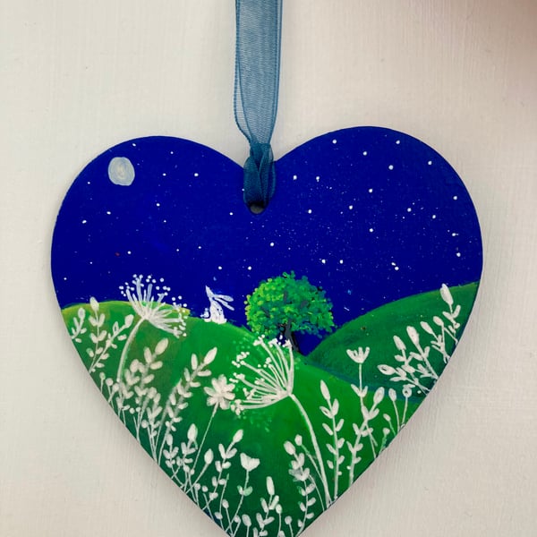 Hand Painted Hanging Heart White Moon Gazing Hare & Sycamore Gap Tree