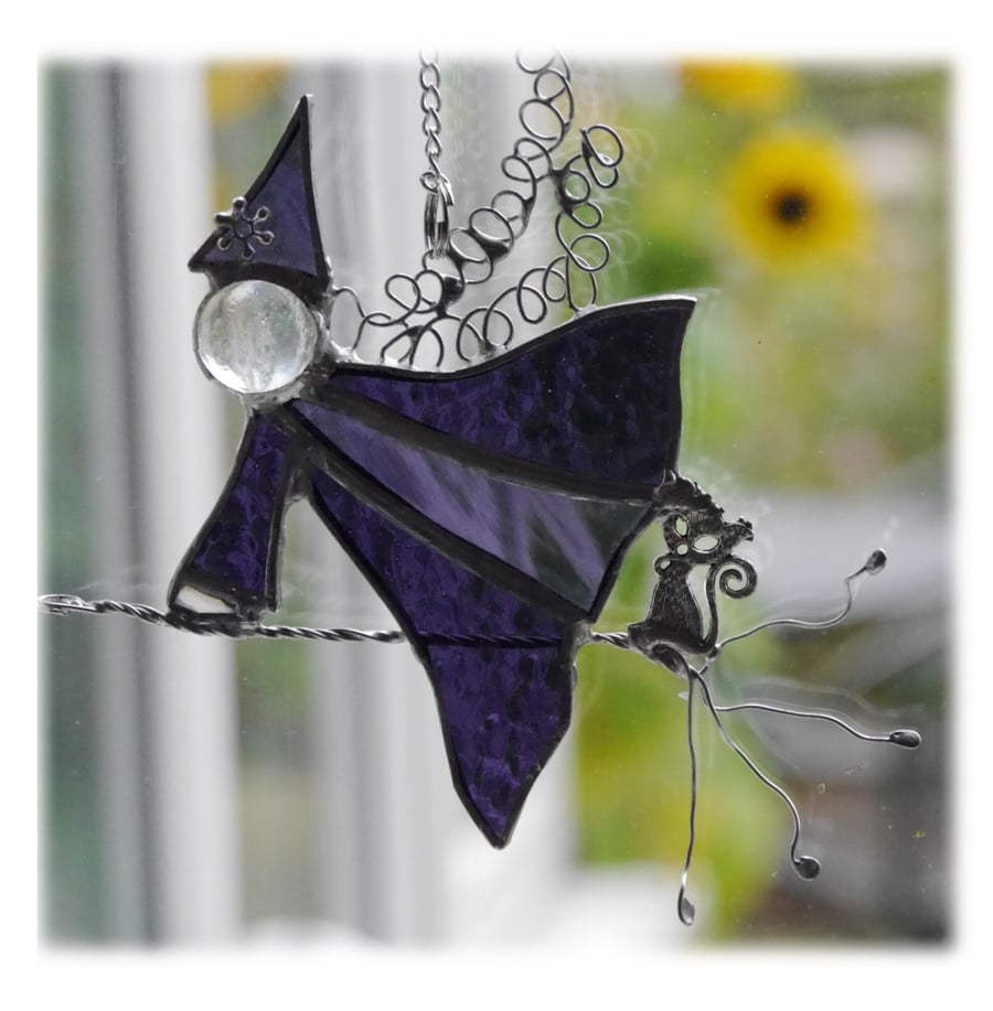 Halloween Witch on Broomstick Suncatcher Stained Glass 041 044 Purple