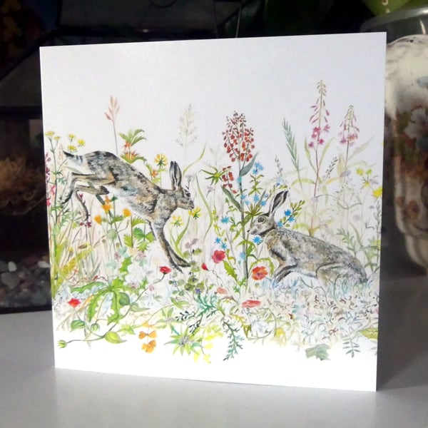 Hares in Meadow Blank Greeting Card from Original Watercolour & Pen