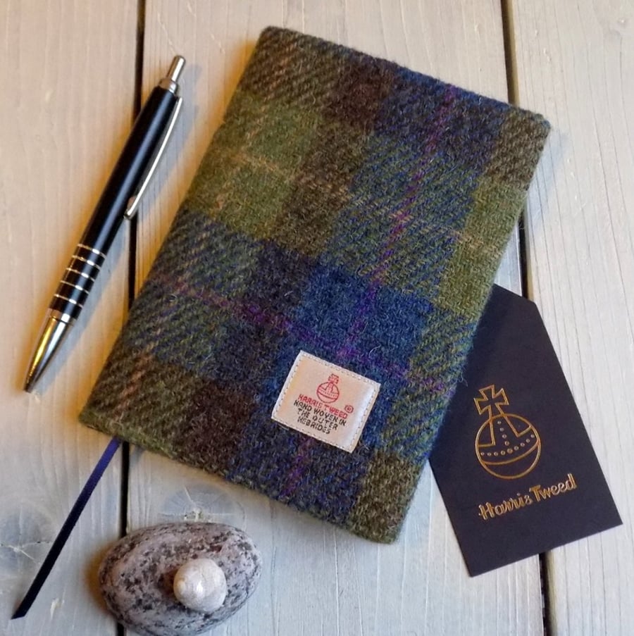 A6 Harris Tweed covered 2020 diary in blue, green and brown tartan. Week to view