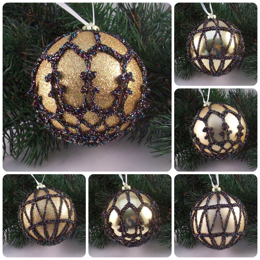 Christmas baubles boxed set of 6 large decorated with crochet lace (A26)