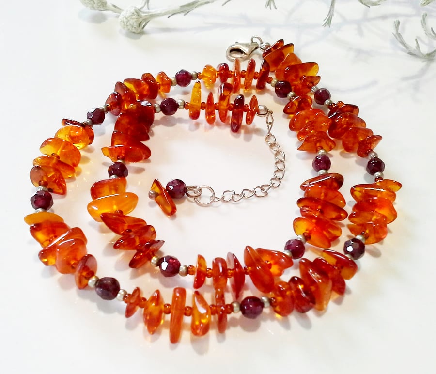 Genuine Baltic Amber & Indian Red Garnet Sterling Silver Necklace 
