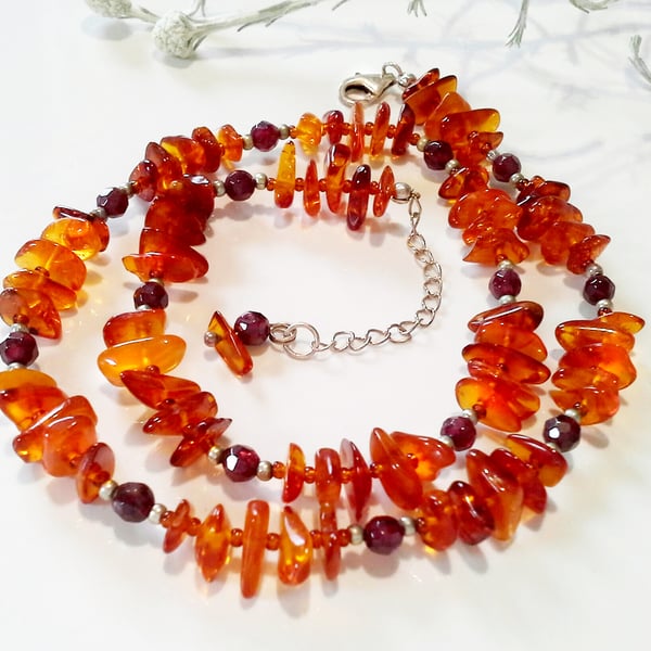 Genuine Baltic Amber & Indian Red Garnet Sterling Silver Necklace 