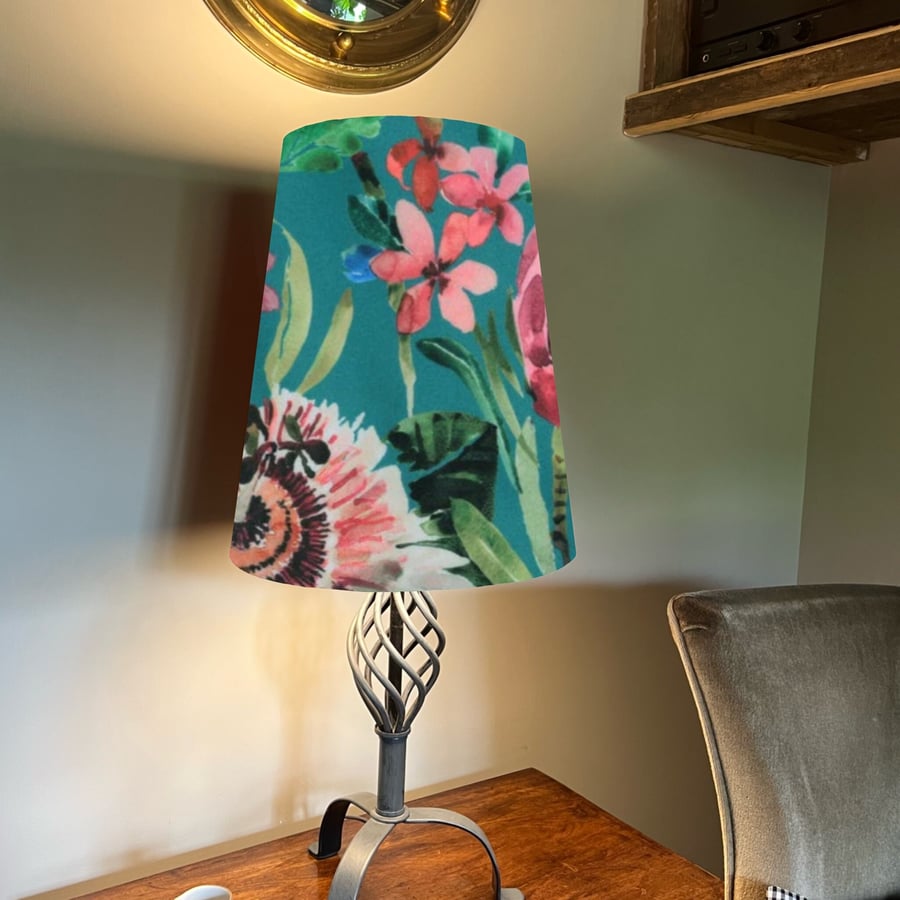 Floral summer garden Velvet cone lampshade extra tall lampshade teal green velve