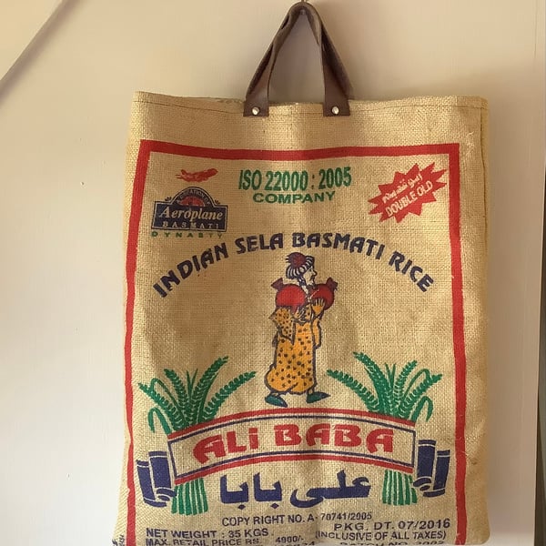 Jute hessian rice sack tote. Repurposed bright print Indian bag